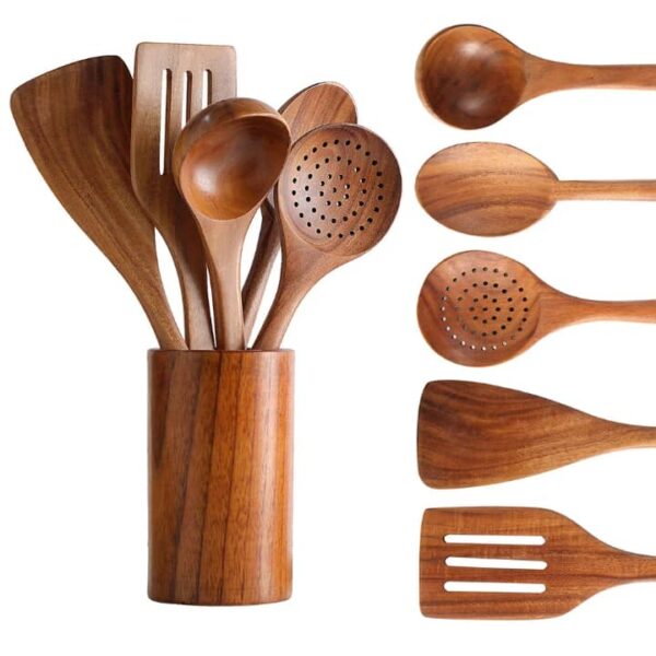 Piece Natural Teak Wooden Kitchen Utensil Set with Spoon Rest - Comfort Grip Cooking Spoons and Utensils Holder